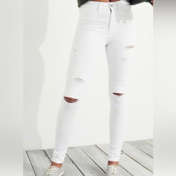 HOLLISTER High Rise Super Skinny Jeans distressed white denim SZ 26W 30L - Picture 3 of 14
